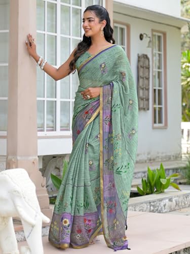 Image of SIRIL Women's Cotton Linen Printed Zari Border Saree with Unstitched Blouse Piece