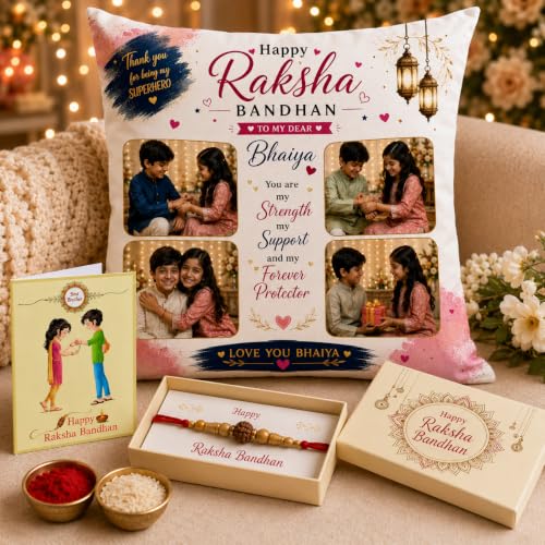 Image of Personalized Photo Pillow 12x12 Inch Cushion with Cover & Filler - Custom Gift for Birthday, Anniversary, Couple, Girlfriend, Boyfriend, Husband, Wife, Friends. (RakhiPilow-05)