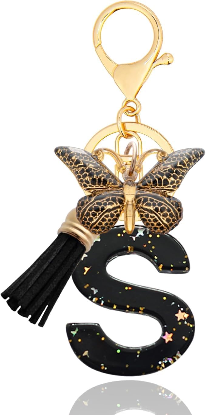 Personalized Name Initials Butterfly Charm Keychain โ Beautiful Name Letters Keyring with Black & Golden Tassel & Butterfly Pendant, Purse, Bag, Backpack Accessory