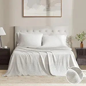 DAPU Linen Sheets King,Yarn Dyed Striped Pattern 100% Washed Linen Bedding with Envelope Closure,4PCs Soft Linen Sheets Set,Thin Stripe Weaved Pattern in Off-White & Grey,King Size