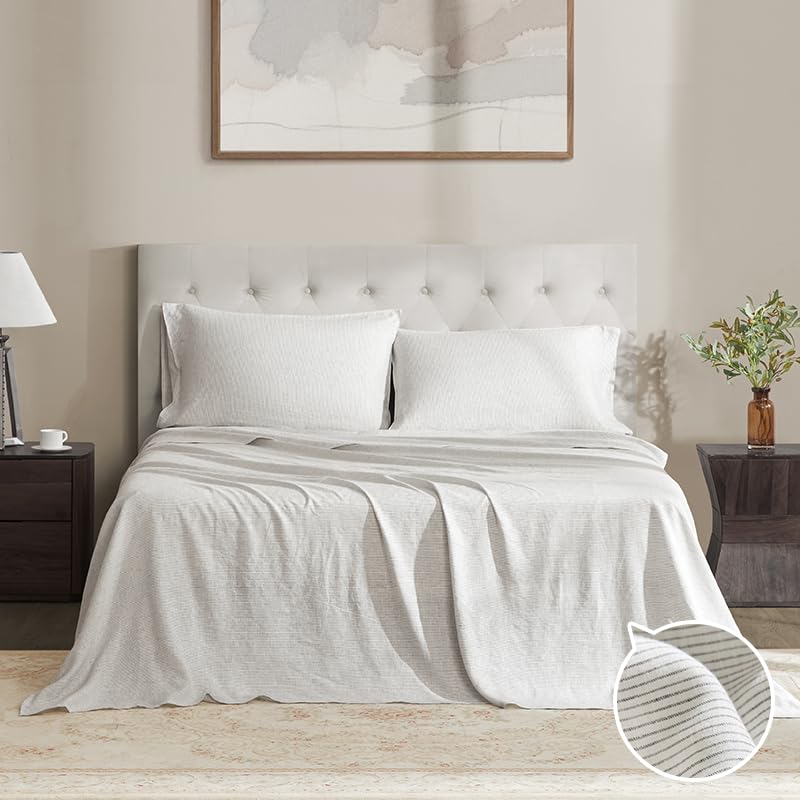 DAPU Linen Sheets King,Yarn Dyed Striped Pattern 100% Washed Linen Bedding with Envelope Closure,4PCs Soft Linen Sheets Set,Thin Stripe Weaved Pattern in Off-White & Grey,King Size