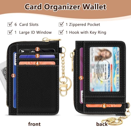 Image of GIANCOMICS Slim Wallet Credit Card Holder Women, Rfid Blocking Black Small Card Case, Keychain Thin Pocket Curved Zipper Wallet, Travel Card Holder PU Leather ID Window, Ladies Female Gifts