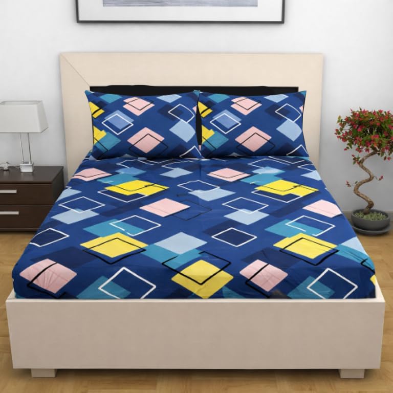 Image of Designer Floral Printed Flat Bedsheet for Double Bed 200tc to 220tc | Ultra Soft Cotton Fabric | King /Queen Size Top Sheet with 2 Matching Pillow Covers - 228 x 228 Cm, Blue and Yellow