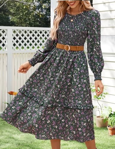Kate Kasin Long Sleeve Midi Dress for Women, Casual Smocked Vintage Midi Dresses, Modest Fall Floral Wedding Guest Dress4