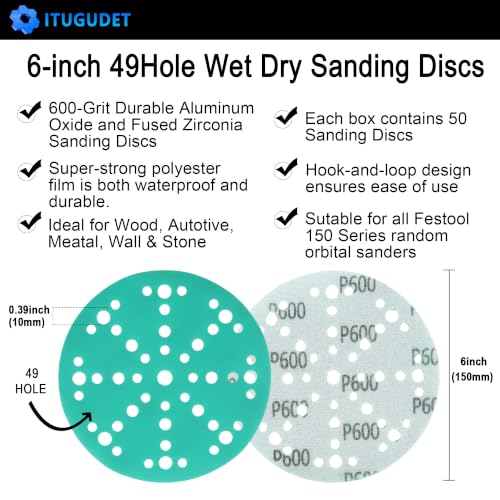 Image of 6 Inch 49 Hole Wet Dry P600 Grit Sanding Discs - 50 Pack Box | Fits Festool ETS / RO 150 Sanders, Zirconia Heavy-Duty Hook & Loop Film Sandpaper for Wood, Auto, Metal, Paint, Body & More