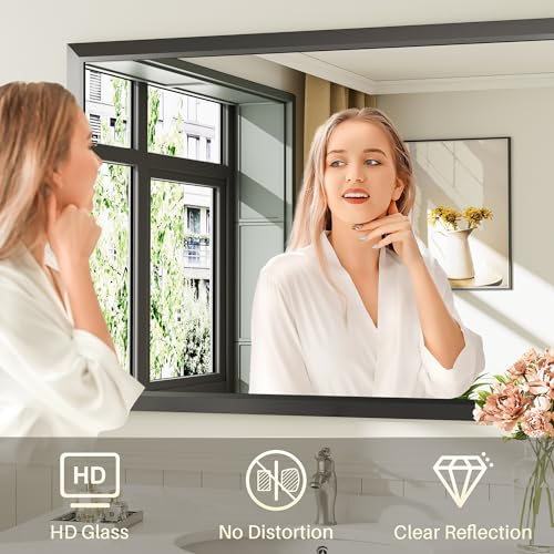 48x36 Inch Black Bathroom Mirror for Wall, Thick Metal Framed Rectangle Mirrors for Over Sink, Bedroom, Living Room, Entryway, Anti-Rust, HD Tempered Glass