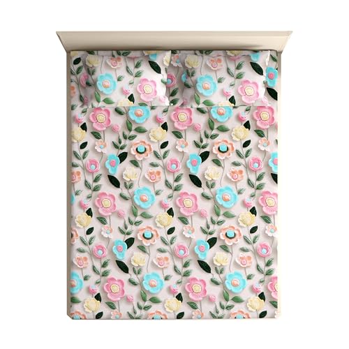 Image of DECORUM 300TC Glace Cotton Elastic Fitted King Size Bedsheet (72''X78'') with 2 Pillow Covers | Soft & Comfortable Cotton Feel | Fits Upto 8'' Mattress | Pastel Bloom Garden