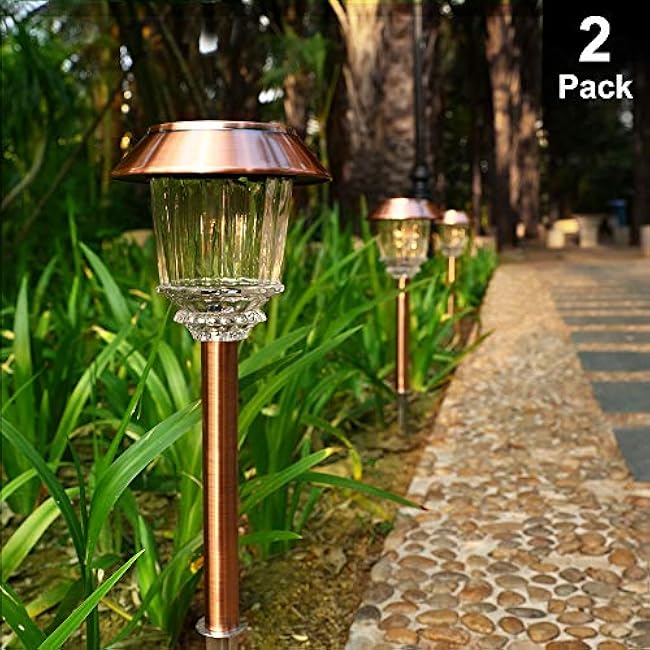 DenicMic Solar Garden Lights Outdoor Pathway Lights Glass Stainless Steel Waterproof Solar Powered Landscape Lighting for Yard Patio Lawn Path Walkway, Super Bright 12-40 Lumens, 2 Pack