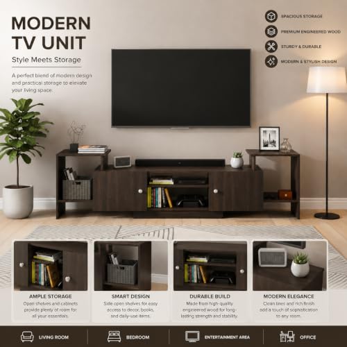 Image of FURNEASER Eptimal Modern Wooden TV Unit for Living Room | Engineered Wood Entertainment Center with Storage | TV Stand for 65 Inch TVs | TV Cabinet with Shelves & Doors | Wenge