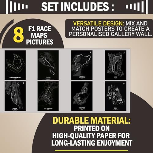 Image of F1 Maps pack of 8 Wall Posters 8x12 inch (A4 Size) Included Self Adhesive on Back Wall Decor Posters Wall Art For Bedroom, Living room, Office, Dining Room