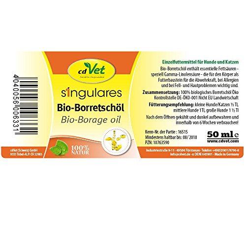 cdVet Naturprodukte Singulares Bio-Borretschöl 50 ml - Hund, Katze - unterstützt natürliche Hormonbalance+Stoffwechsel+Hautstoffwechsel - reich an ungesättigten Fettsäuren - 100% biologisch -