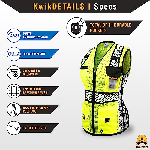 KwikSafety - Charlotte, NC - RoadBOSS Premium Safety Vest for Women [LIMITED EDITION TRUCK TREAD DESIGN] 11 Pockets Class 2 Hi Vis Reflective ANSI OSHA Work Gear/Yellow XS - Thumbnail 5