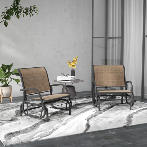 Outsunny Porch Glider Set of 2, Metal Frame Swing Glider Chair with Breathable Mesh Fabric, Curved Armrests and Steel Frame for Garden, Poolside, Backyard, Balcony, Light Mixed Brown - Image 3