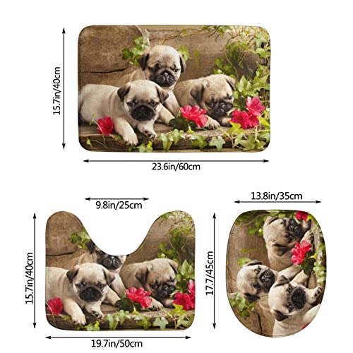 DIRYKILP Badematte + Konturmatte + Toilettendeckelbezug, Mops Welpen Blumen Retro 3 Stück Badematte Set, mit Anti-Rutsch-Klebeboden – Bild 4