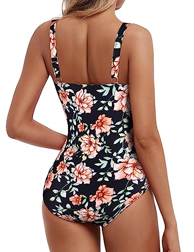 Firpearl Women's One Piece Bathing Suits Ruched Tummy Control Plus Size Swimwear 14 Black&Orange Floral-2 #TOP5