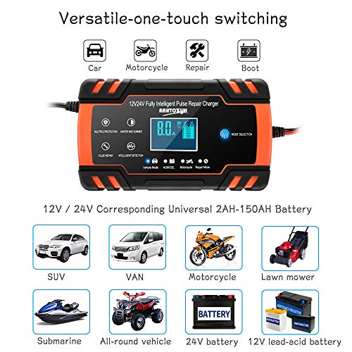 Enhanced Edition Car Battery Charger 12V/8A 24V/4A Compatible Automotive Smart Portable Battery Charger Maintainer/Pulse Repair Charger Pack for Car, Motorcycle, Lawn Mower and More