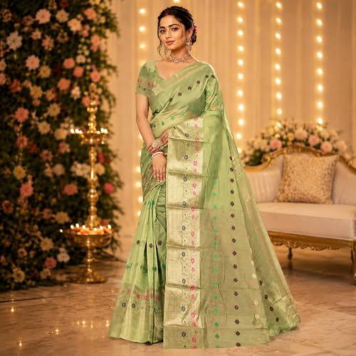 Image of Sarees for Women Wear Organaza Silk Banarasi Sari Kanjivaram Soft Pure Paithani Wedding Original Kanchipuram Pattu Sadi with Blouse Piece 2026 (Flowermeena)