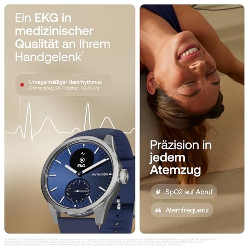 Withings ScanWatch 2 - Gesundheits-Smartwatch für Damen und Herren, EKG, SpO2, Temperatur, Schlaf-Tracker, Atemgesundheit, wasserdicht, Akku 30 Tage, Android und iOS, Blue, 42mm