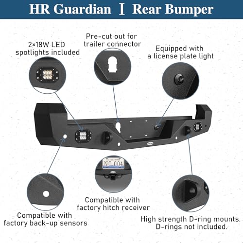 Image of Hooke Road Tacoma Rear Bumper w /2 x18W LED Lights for 3rd Gen Toyota Tacoma 2016 2017 2018 2019 2020 2021 2022 2023