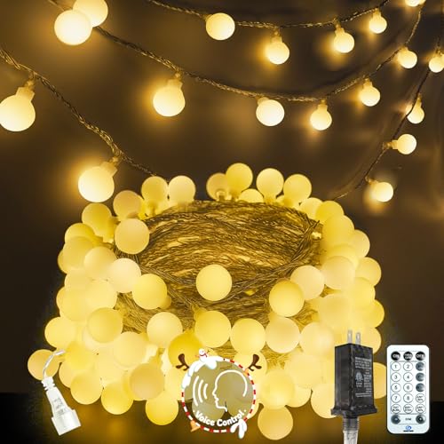 2025 New Connectable 43FT Smart Voice Controlled Christmas String Lights Indoor Outdoor | 100LED Warm White Globe Twinkle Lights with Remote & Timer | 12 Modes Waterproof Christmas Tree Decorations
