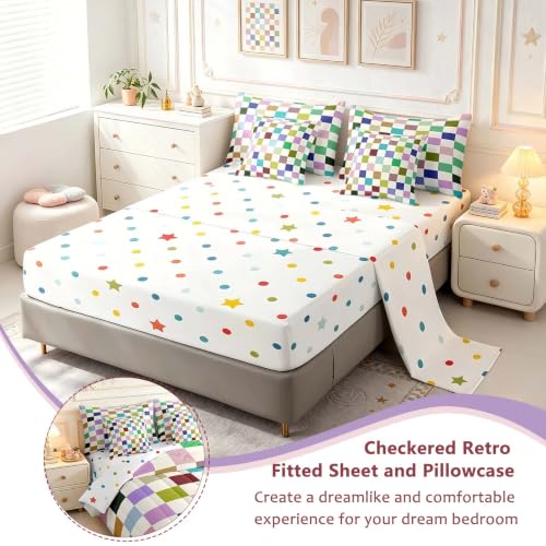 Image of Feelyou Colorful Checkered 7 Piece Bedding Set Teen Retro Modern Geometric Colorful Comforter Set with Sheets King Size Kids Boys Cute Neutral Plaid Bed in a Bag Vintage Aesthetic Room Decor