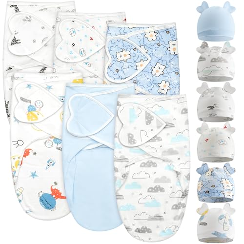Image of Ramede 6 Pack Swaddle Blanket with Hats for Baby Girl Boy 100% Cotton Swaddles 0-3 Months, Adjustable Breathable Skin Friendly Receiving Blanket Wrap, Essential for Newborns(Heart,Blue)