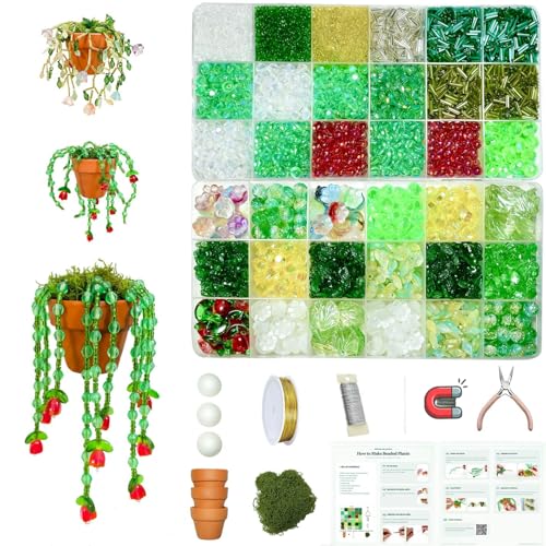 TIMECOSY 6384pcs Beaded Plants Kit Magnets for Fridge Green Beads Leaf Glass Flowers for Succulent Plant Lover Jewelry Making DIY Craft Gifts Colorful Dangling Charms Sun Catchers Window Home Dcor