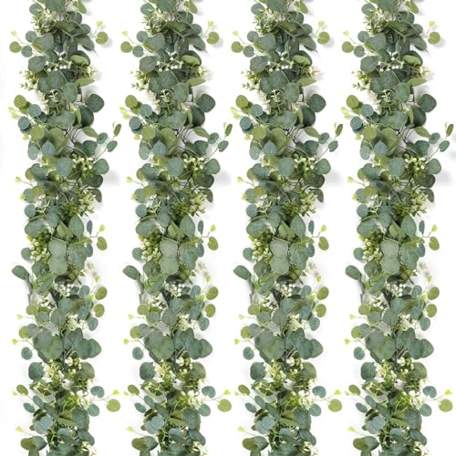SOMYTING 4 grinaldas artificiais de eucalipto com folhas de salgueiro, folhas verdes, grinalda de flores brancas, plantas artificiais para decoração de fundo, casamento, caminho de mesa central