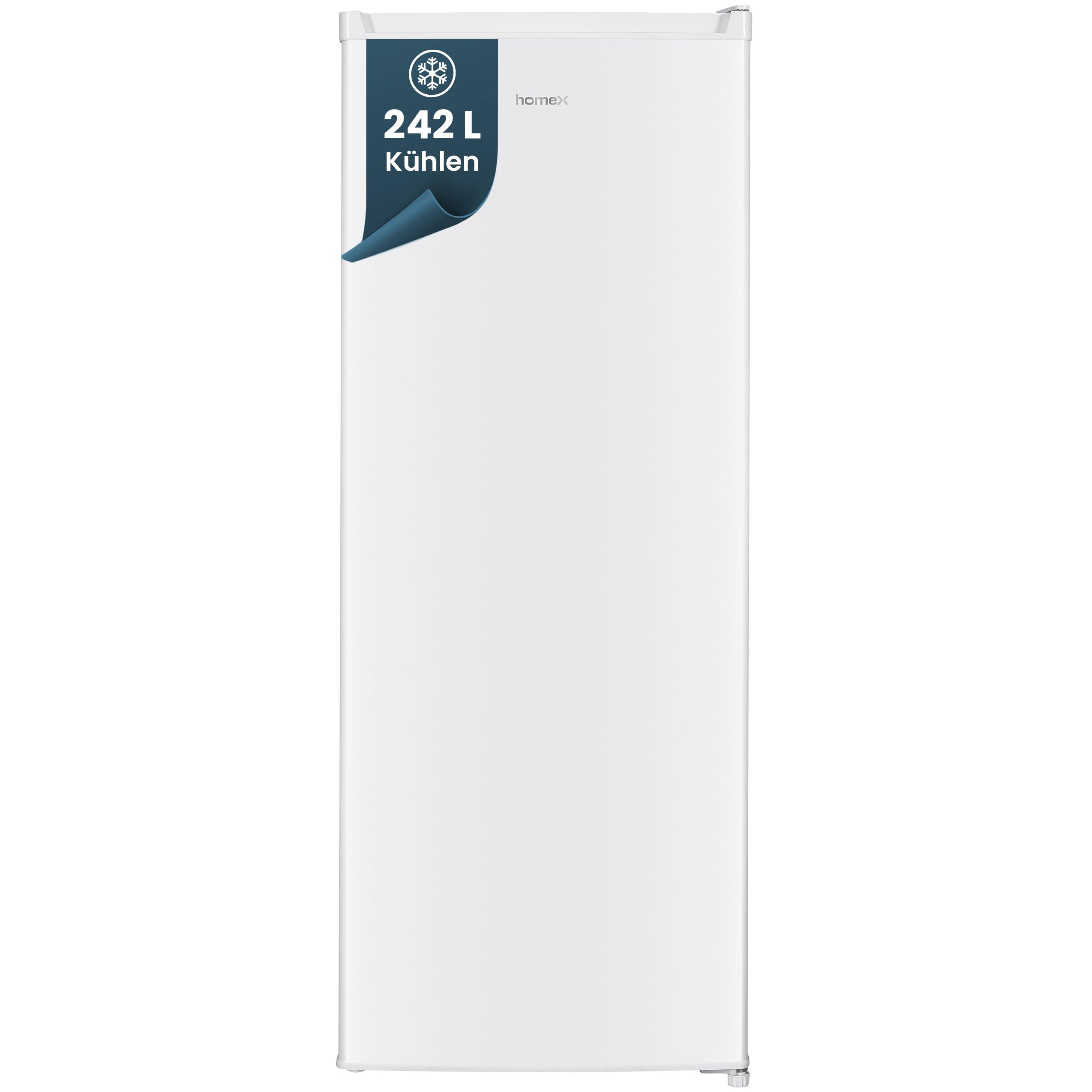 homeX Kühlschrank ohne Gefrierfach groß, freistehender Vollraumkühlschrank - 242 Liter, leiser Standkühlschrank, großer XXL Fridge, 5 Ablagen, LED-Beleuchtung, 143 cm hoch, weiß, CS2421E-W
