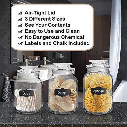 Glass Canister Set for Kitchen or Bathroom, Apothecary Glass Food Storage Jars with Airtight Lid and Chalkboard Labels - Set of 3 Cookie and Candy Jars, Storage Containers