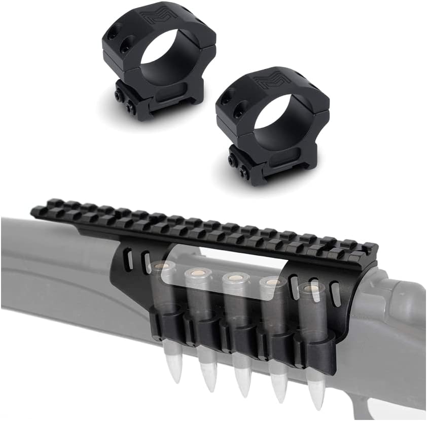 Monstrum Side Ammo Holder with Picatinny Scope Base for Remington 700 | Compatible with 243/308/7mm-08 | Precision Picatinny Scope Rings | 1 inch Diameter/High Profile | Bundle