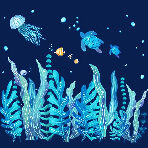 Image of Tenare 5 Sheets Ocean Sea Turtle Wall Decals Stickers Under The Sea Stickers Grass Jellyfish Fish Removable Vinyl Decal for Bedroom Bathroom Nursery Room Wall Decor(Blue Glow Style)