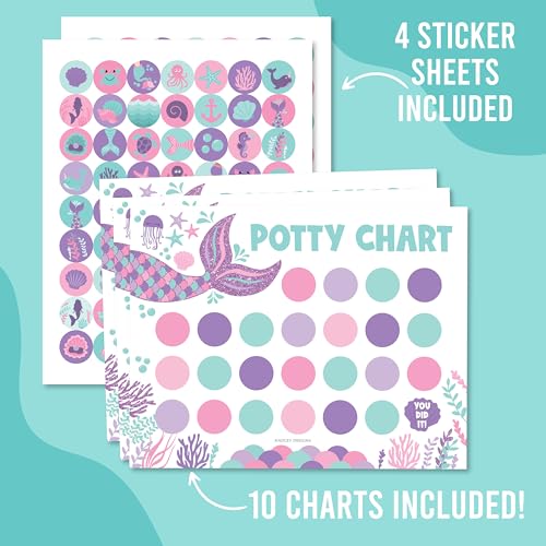 Image of Hadley Designs Potty Training Chart for Toddlers Girls -10 Sticker Potty Chart for Toddlers Girls, 8.5x11 inch Potty Training Sticker Charts for Toilet Success, Mermaid Toddler Reward Chart for Kids