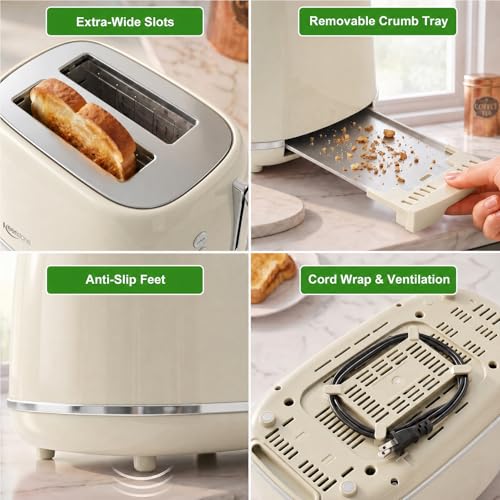 Image of Toasters 2 Slice Retro Stainless Steel Toasters with Bagel, Cancel, Defrost Function and 6 Bread Shade Settings Bagel Toaster, Beige
