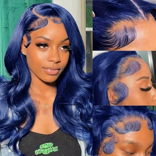 Image of Drak Blue Lace Front Wigs Human Hair 13x4 HD Transparent Body Wave Lace Front Human Hair Wig Pre Plucked Colored Blue Glueless Lace Frontal Wigs for Women 18 Inch