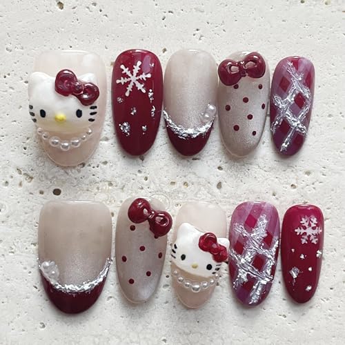 Kokowomite Nails 手作りネイルチップショート ポイント 赤 白 雪の華 リボンドット パール フレンチ つけ爪 マグネット 可愛い キャラクターネイル 付け爪 人気3D デザイン10枚入