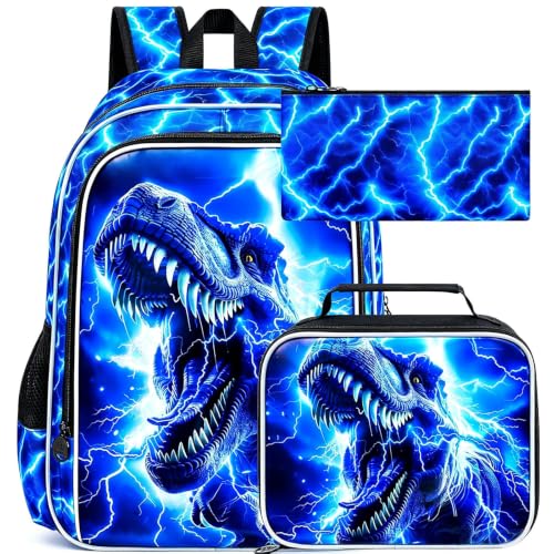 Image of 17 inch Dinosaur Backpack for Boy, 3Pcs Lightning Bookbag for Elementary Preschool Kindergarten, Kids School Backpacks with Lunch Box (Blue)