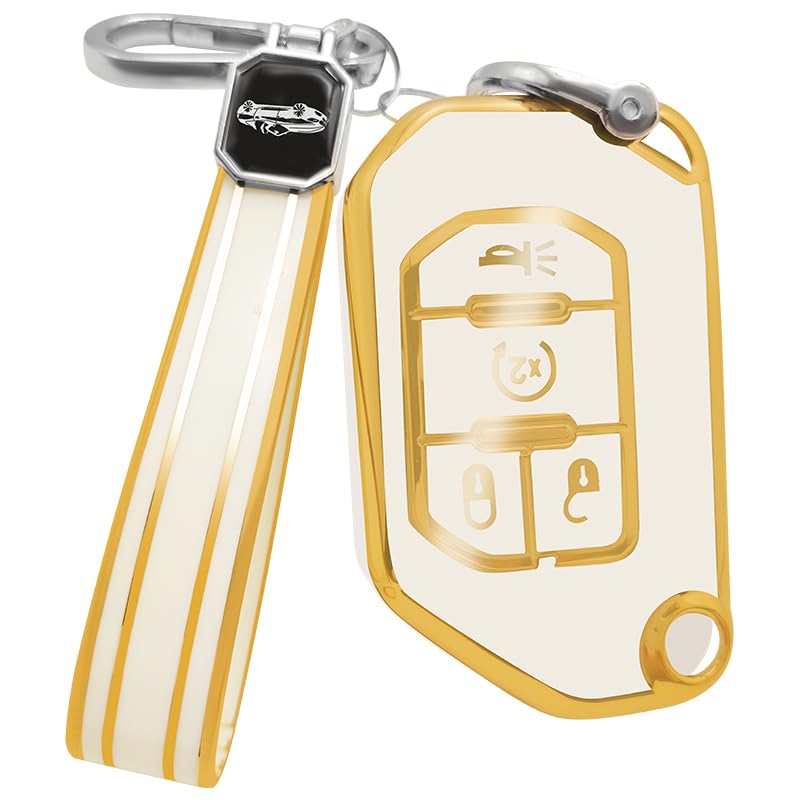 Daemson for Jeep Key Fob Cover with Keychain, Premium Soft TPU Full Protection Key Fob Case Fit for 2018 2019 2020 2021 2022 Jeep Wrangler JL JLU Gladiator JT Rubicon Sahara (White)