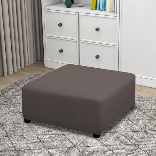 Image of PureFit Stretch Square Ottoman Cover 40x40x15 Footstool Cover, Taupe | Fleece Large Ottoman Slipcovers Soft Form Fit Square Slipcover for Folding Storage with Nonslip Elastic Bottom