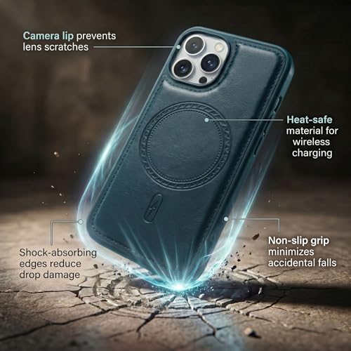 Image of amazon basics Premium PU Leather Case for iPhone 15 Pro Max, MagSafe Compatible Magnetic Ring, Sleek Protective Back Cover - [Blue]