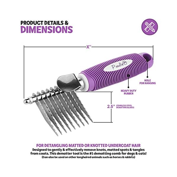 Poodle pet dematting fur rake comb brush tool - dog and cat comb with long 2. 5 inches steel safety blades for detangling matted or knotted undercoat hair - image 3