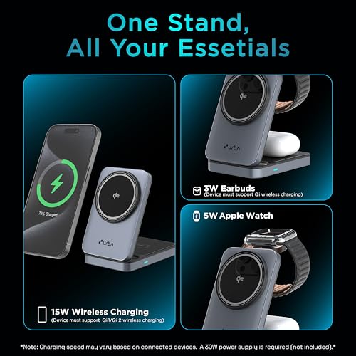 Image of URBN Qi2 Certified 3-in-1 MagSafe Wireless Charging Stand | Foldable Charger for Apple iWatch, AirPods, iPhone 16 /16 Pro /16 Plus /15 /15 Pro Max & Qi-Compatible Smartphones | Sleek Design