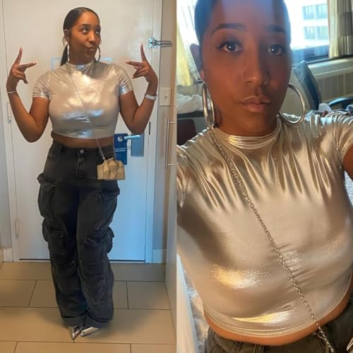 ANKOMINA Women Metallic Silver Crop Tops Short Sleeve Round Neck T Shirt Tee Blouse Y2k Clothes for Streetwear Night Club 6