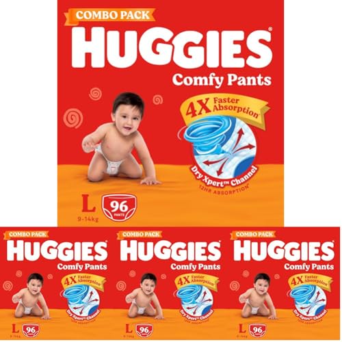 Image of Huggies Comfy Pants Baby Diaper, Large (L) Size (9-14 Kgs), Pack of 384 (32 Count, Pack of 3)