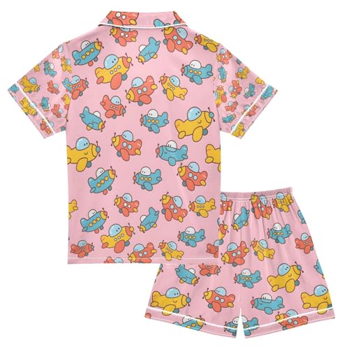 senya Cute Cartoon Airplane Satin Summer Pajama Sets Silk Short Sleeve Button Down Sleepwear2