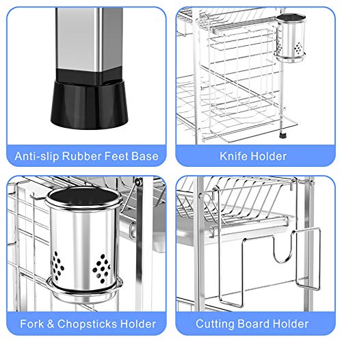 Dish Drying Rack, GSlife 2 Tier 304 Stainless Steel Dish Rack with Utensil Holder, Cutting Board Holder and Dish Drainer for Kitchen Counter,Silver - Thumbnail 4