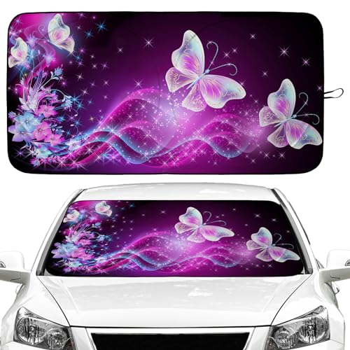 Purple Butterfly Car Windshield Sun Shade Foldable Sunshade Front Window Cover Sun Visor Protector Accessories (59x27.5 inches)
