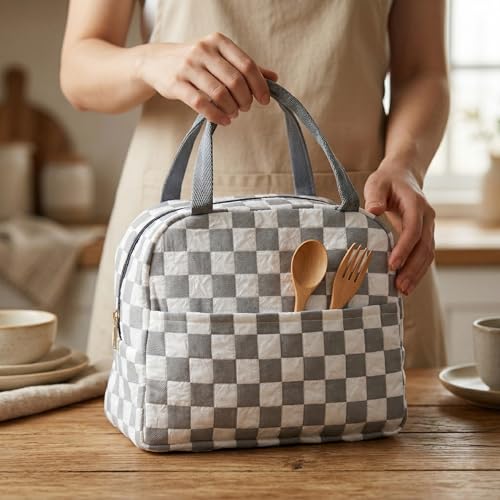Image of The Earth Store White Check Insulated Lunch Bag for Office, Men, Women | Travel Tiffin Bag with Handle, Waterproof & Leakproof | Reusable Thermal Lunch Box Bags