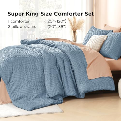 Image of Litanika Grayish Blue Super King Size Comforter Set, 3 Pieces Tufted Boho Farmhouse Bedding Comforter Sets, Lightweight Fluffy Comforter Bed Set for All Season (120x120In Comforter and 2 Pillowcases)