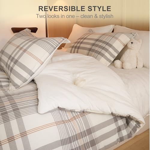 Image of 100% Cotton Comforter Set Full Size - Reversible Yarn-Dyed Checkered Design, Soft Washed Cotton on Both Sides, Lightweight All-Season Bedding, Machine Washable(Grey White Plaid, 80 inchx90 inch)